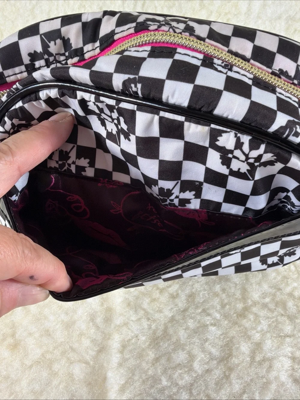 Betsey Johnson Black & White Checkered Cosmetic Pouch with Floral Motif